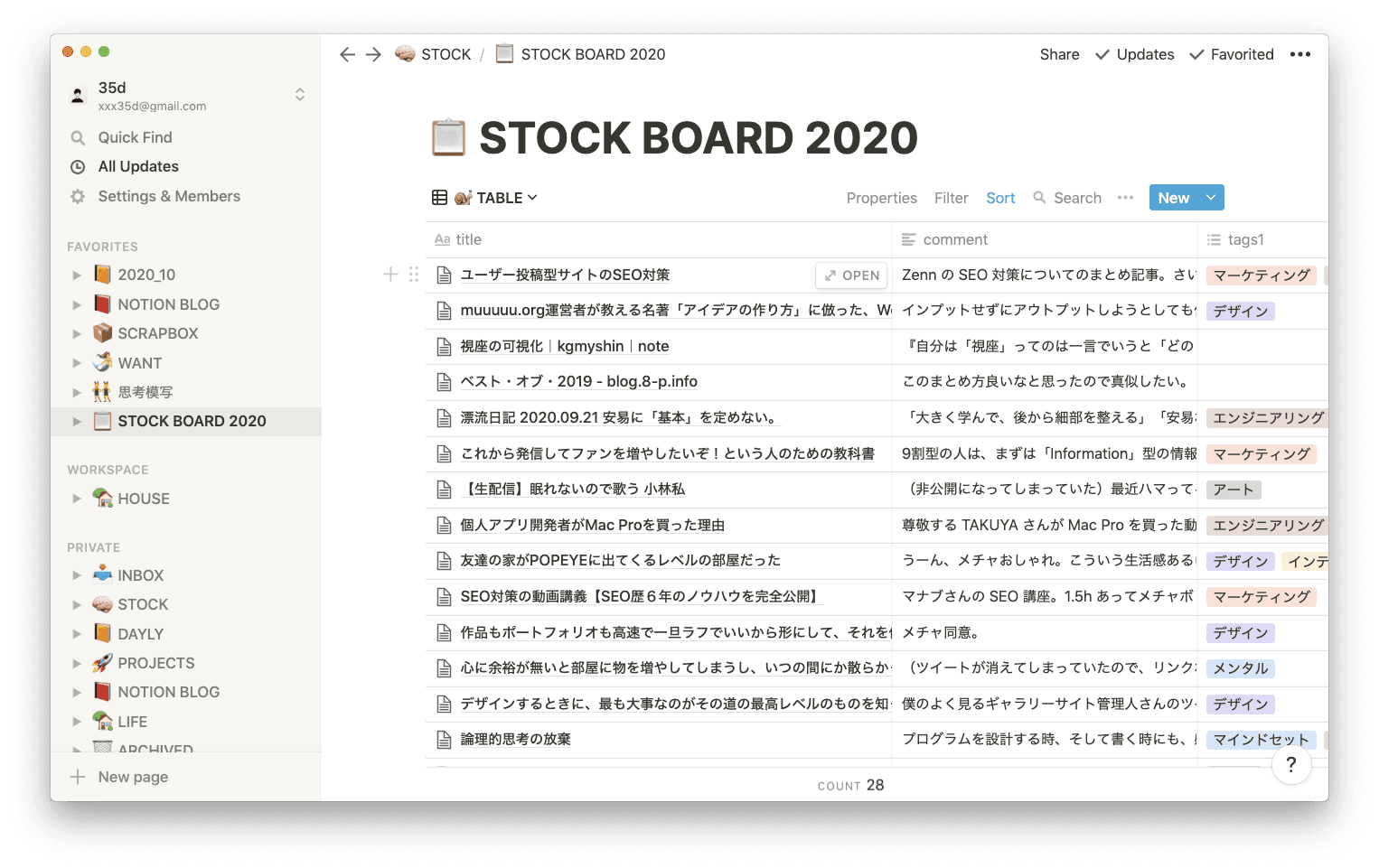 Notion 側はこんな感じで DB に保存されています