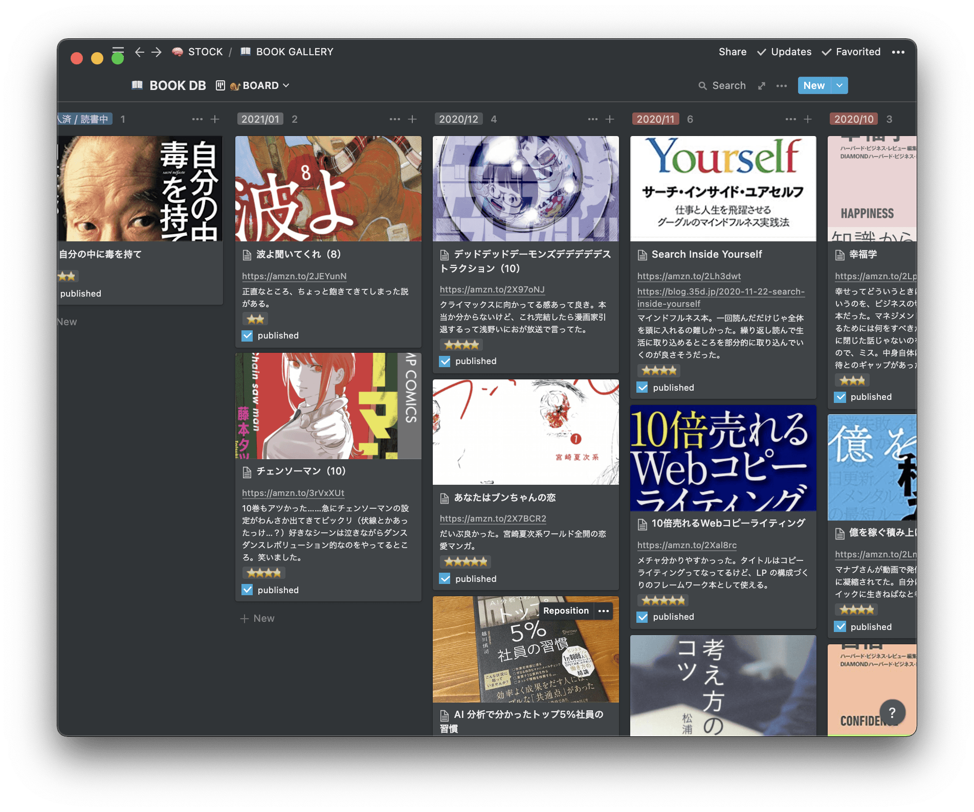 2021/01/08 時点での Notion の本棚ページ