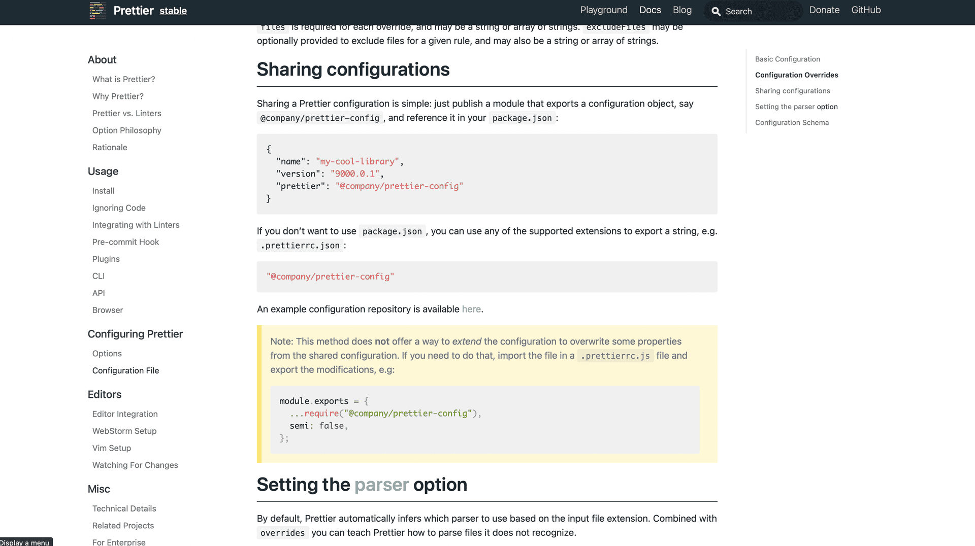 Prettier の Sharing Configurations 機能ページ